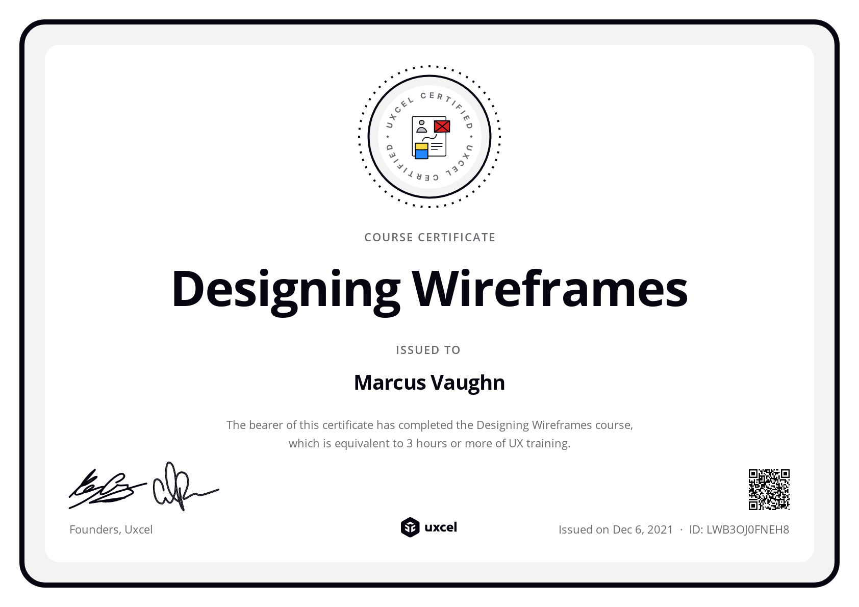 Marcus Vaughn's certificate